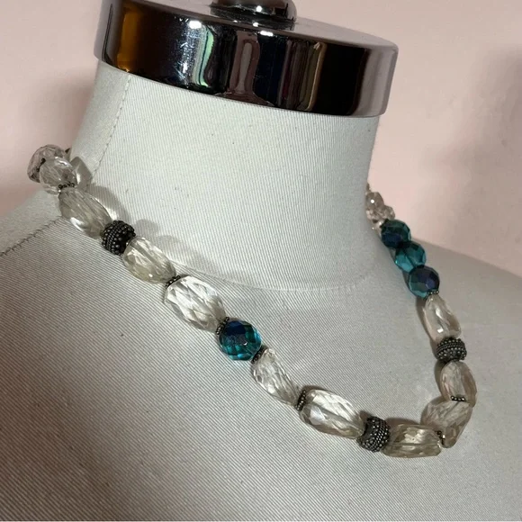 Vintage Bohemian Silver Heavy Clear Quartz Stone Blue Chunky Western Necklace